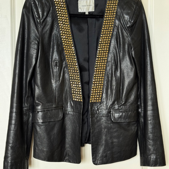 Vintage Pierre Balmain Black Leather Studded Jacket, Sz 40 - Picture 5 of 12